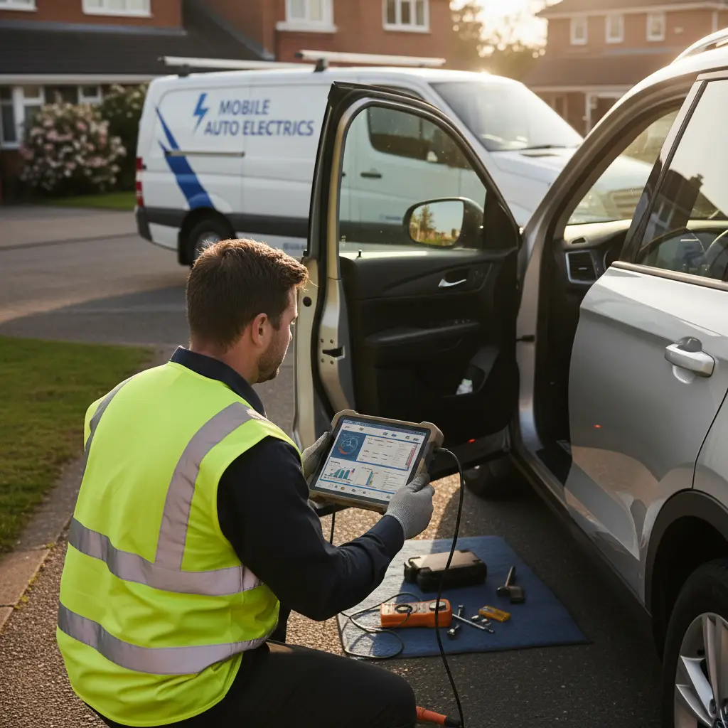 Mobile auto electrician with a diagnostic tablet beside a car in a driveway, service van behind